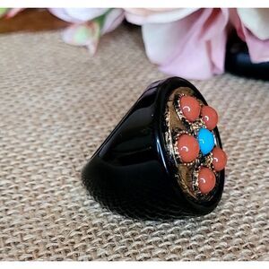 Vintage Lucite Ring 80's Size 7.5 Black Gold Turquoise and Coral Big & Bold
